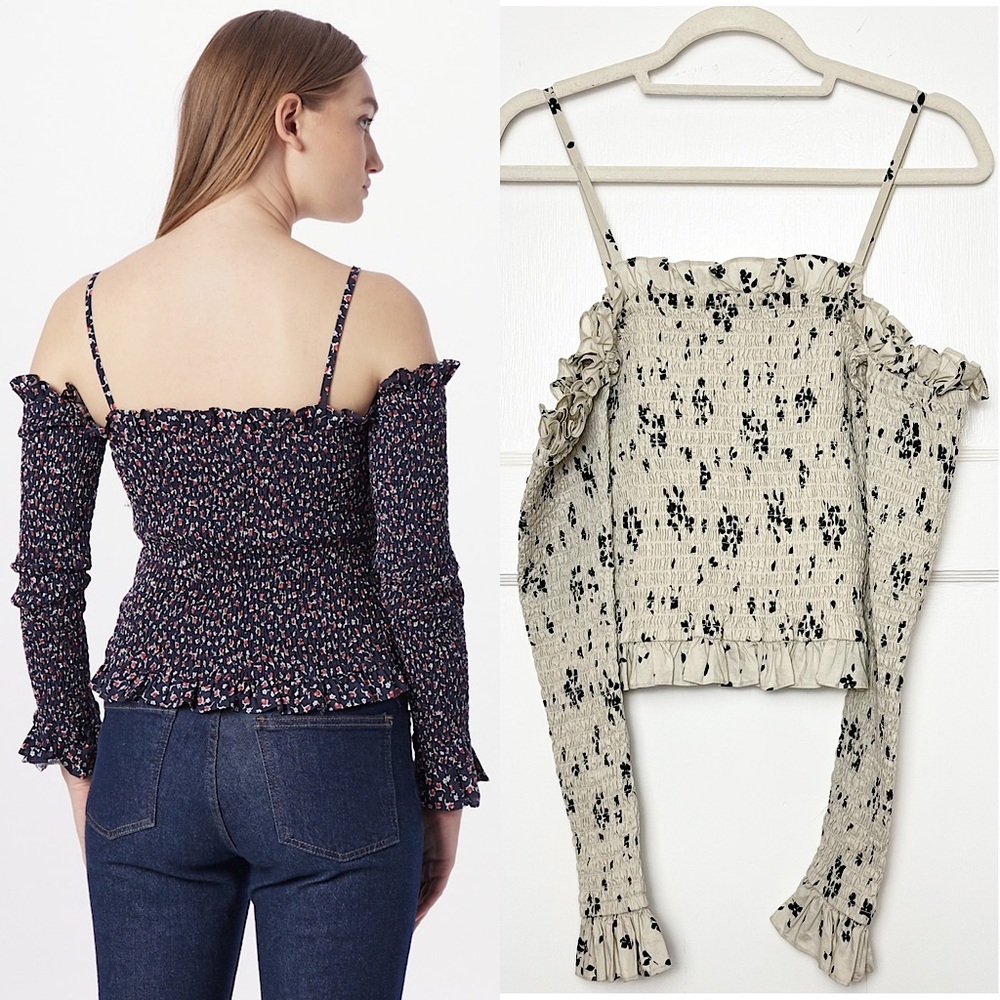 POLO RALPH LAUREN 90s Taupe Floral Square Neck Smocked Long Sleeve Ruffled Top S - Picture 2 of 10